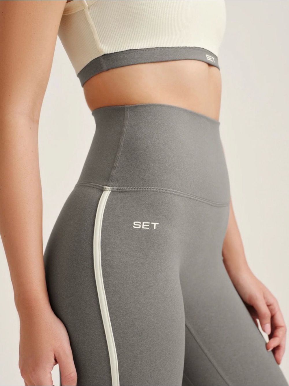 SET Active Gray High-Waist Leggings with Cream Trim